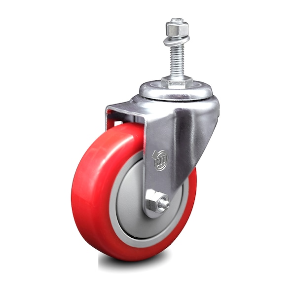 4 Inch Red Polyurethane Wheel Swivel 3/8 Inch Threaded Stem Caster SCC